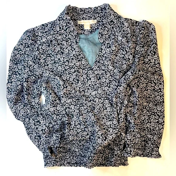 Blouse, ruched, black and white flower pattern - Picture 3 of 3